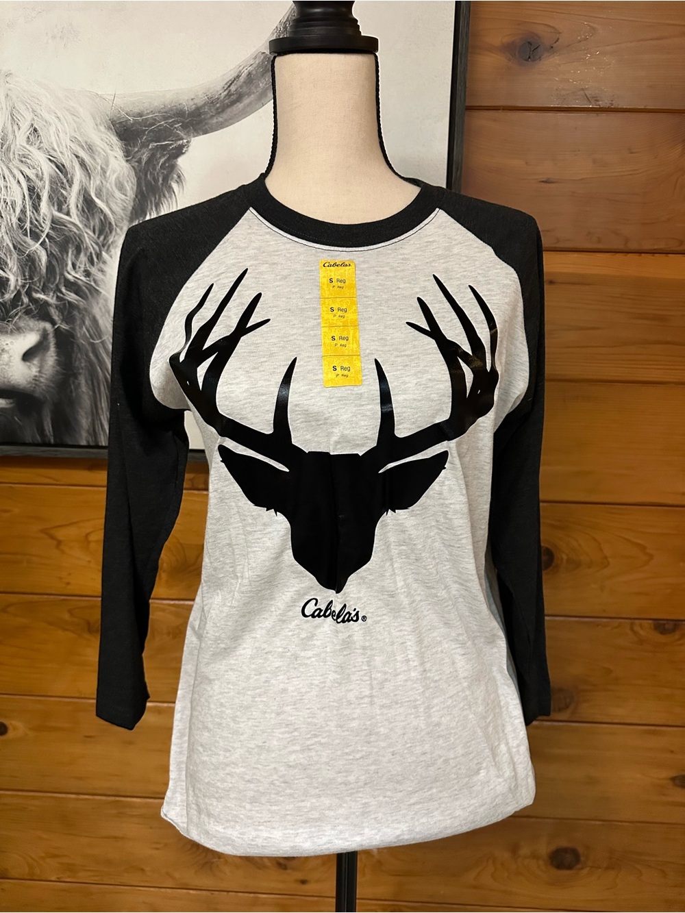 NWOT Cabela's Women's Heather Gray and Black Raglan Tee with Deer Silhouette